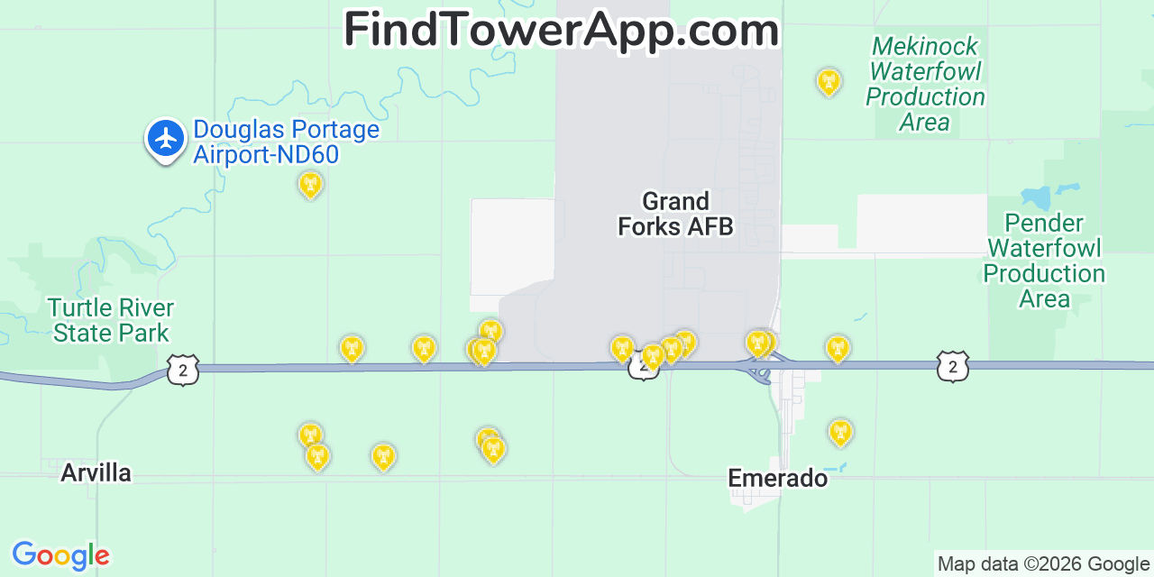 Map showing the 20 primary cell tower locations detected in Grand Forks Air Force Base, North Dakota from AT&T, Verizon, and T-Mobile networks
