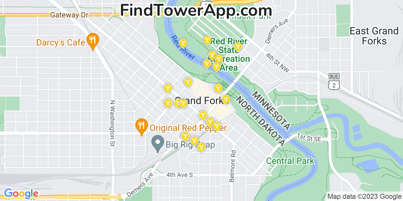 AT&T 4G/5G cell tower coverage map Grand Forks, North Dakota