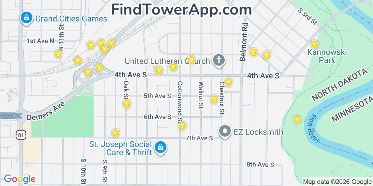 Map showing the 20 primary cell tower locations detected in Grand Forks, North Dakota from AT&T, Verizon, and T-Mobile networks