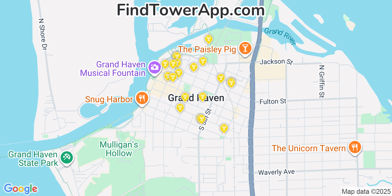 Map showing the 20 primary cell tower locations detected in Grand Haven, Michigan from AT&T, Verizon, and T-Mobile networks