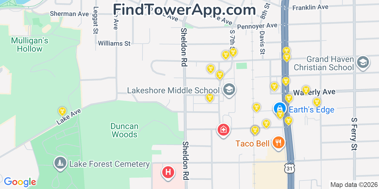 Map showing the 20 primary cell tower locations detected in Grand Haven, Michigan from AT&T, Verizon, and T-Mobile networks