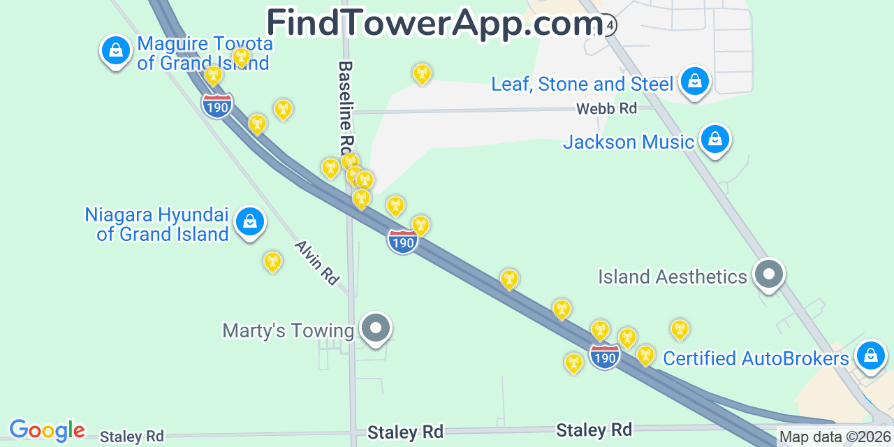 Map showing the 20 primary cell tower locations detected in Grand Island, New York from AT&T, Verizon, and T-Mobile networks