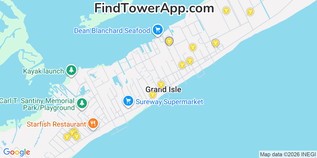 Map showing the 20 primary cell tower locations detected in Grand Isle, Louisiana from AT&T, Verizon, and T-Mobile networks