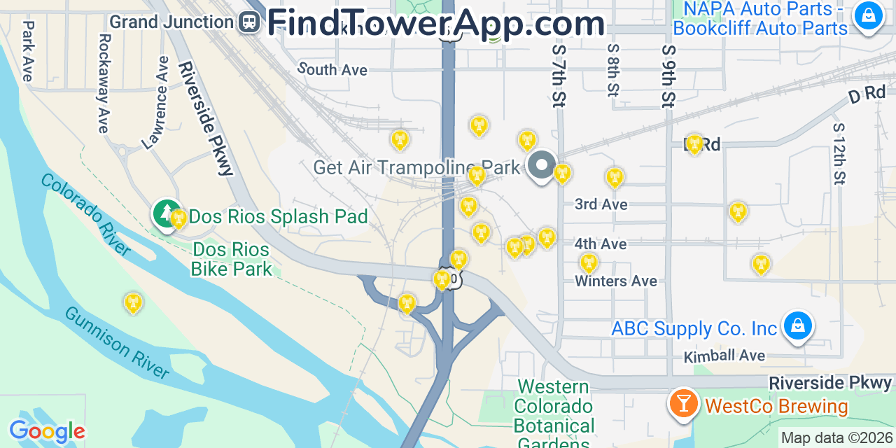 Map showing the 20 primary cell tower locations detected in Grand Junction, Colorado from AT&T, Verizon, and T-Mobile networks