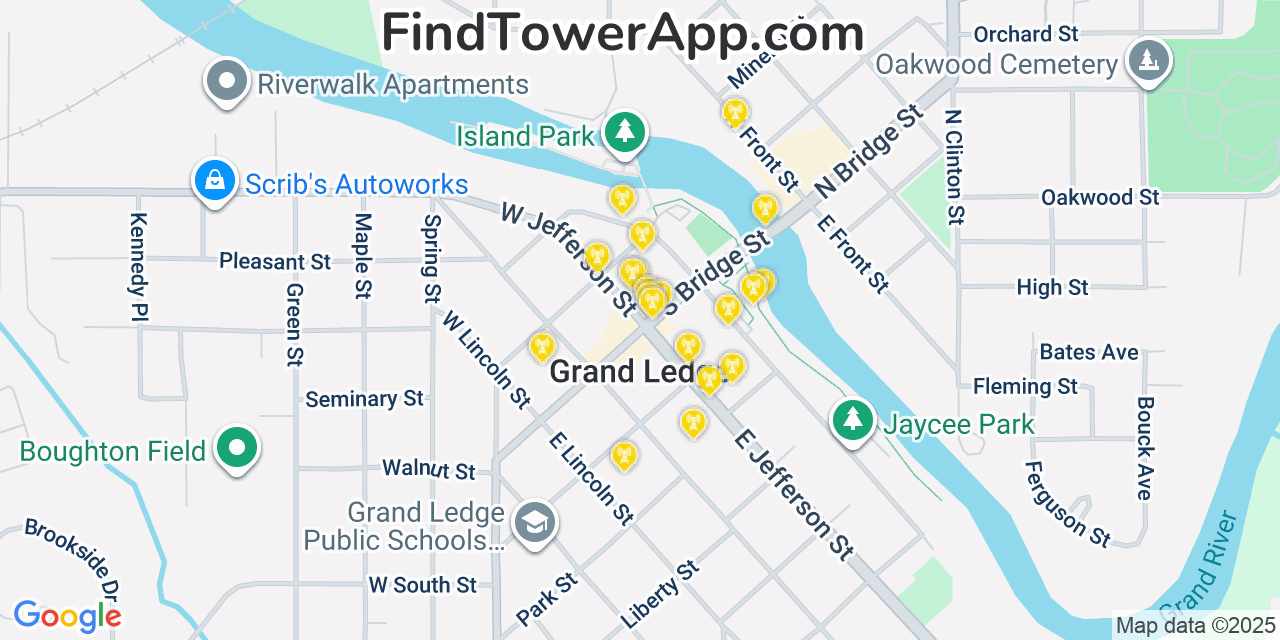 Map showing the 20 primary cell tower locations detected in Grand Ledge, Michigan from AT&T, Verizon, and T-Mobile networks