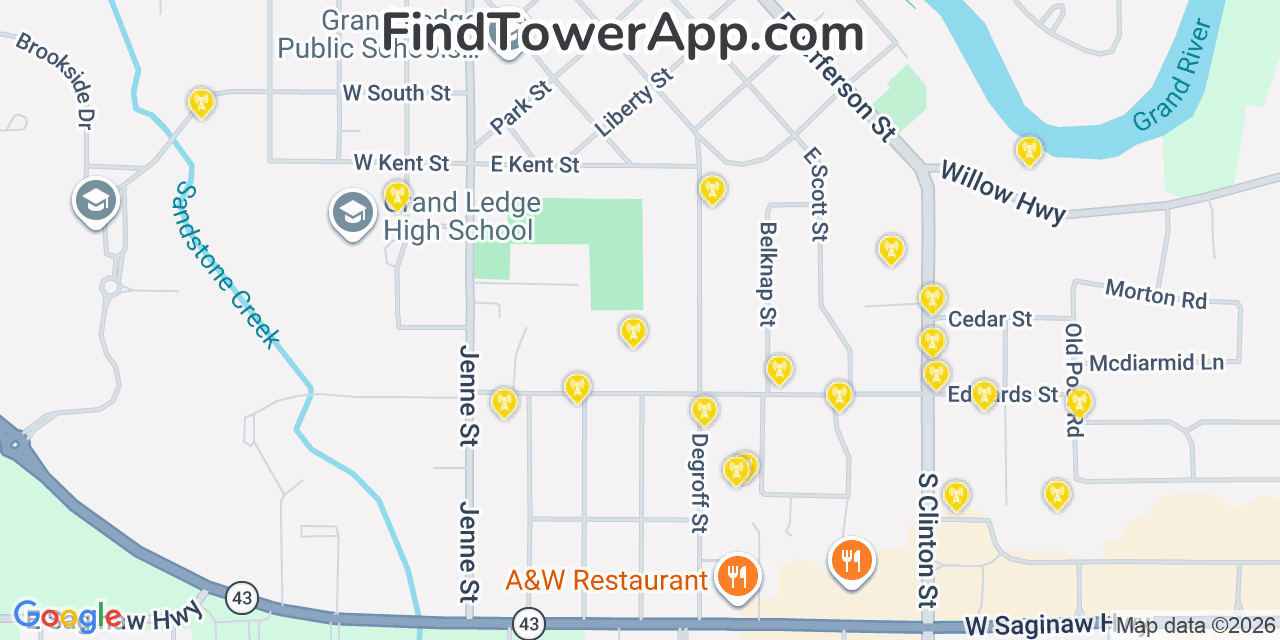 Map showing the 20 primary cell tower locations detected in Grand Ledge, Michigan from AT&T, Verizon, and T-Mobile networks