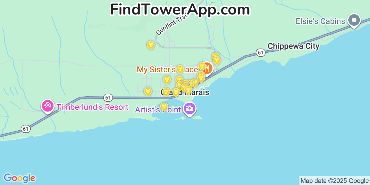 Map showing the 20 primary cell tower locations detected in Grand Marais, Minnesota from AT&T, Verizon, and T-Mobile networks