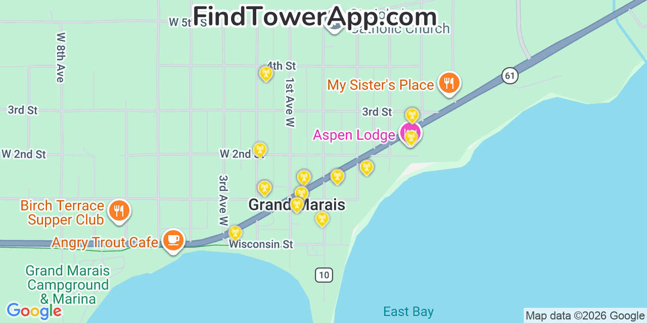 Map showing the 20 primary cell tower locations detected in Grand Marais, Minnesota from AT&T, Verizon, and T-Mobile networks