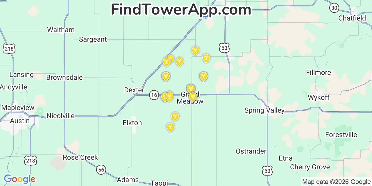 Map showing the 20 primary cell tower locations detected in Grand Meadow, Minnesota from AT&T, Verizon, and T-Mobile networks