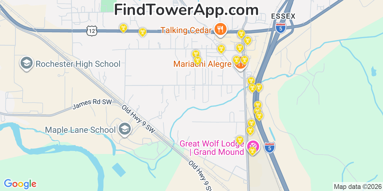 Map showing the 20 primary cell tower locations detected in Grand Mound, Washington from AT&T, Verizon, and T-Mobile networks
