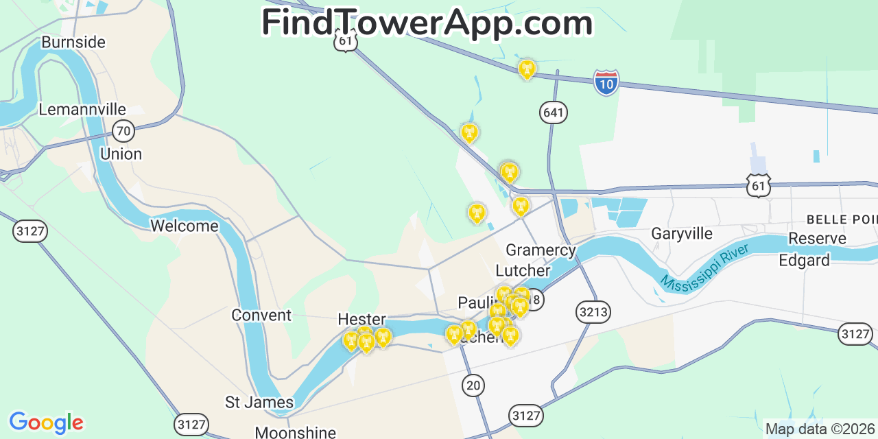 Map showing the 20 primary cell tower locations detected in Grand Point, Louisiana from AT&T, Verizon, and T-Mobile networks