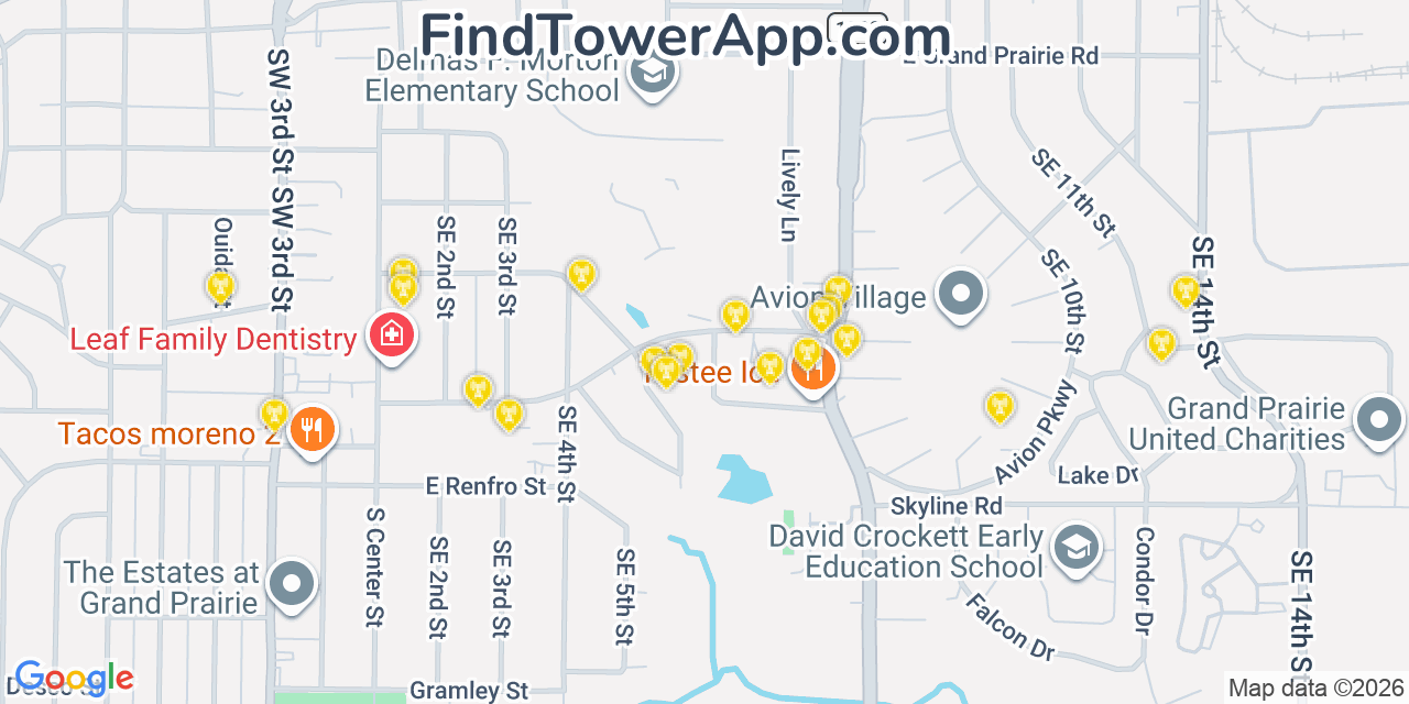 Map showing the 20 primary cell tower locations detected in Grand Prairie, Texas from AT&T, Verizon, and T-Mobile networks
