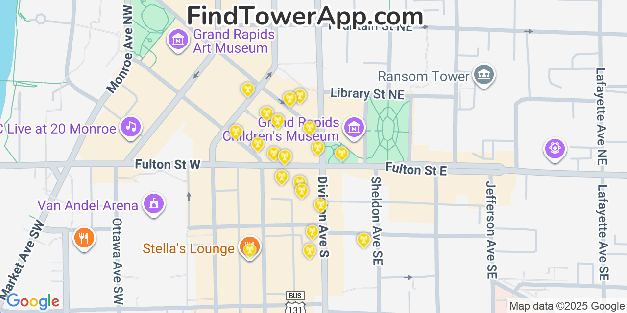 Map showing the 20 primary cell tower locations detected in Grand Rapids, Michigan from AT&T, Verizon, and T-Mobile networks