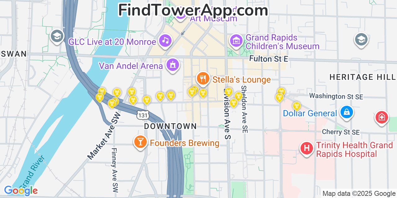Map showing the 20 primary cell tower locations detected in Grand Rapids, Michigan from AT&T, Verizon, and T-Mobile networks