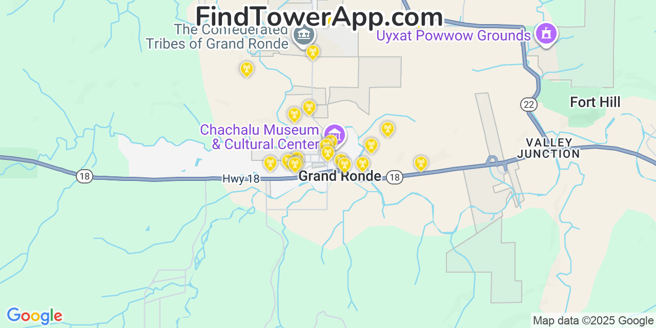 Map showing the 20 primary cell tower locations detected in Grand Ronde, Oregon from AT&T, Verizon, and T-Mobile networks