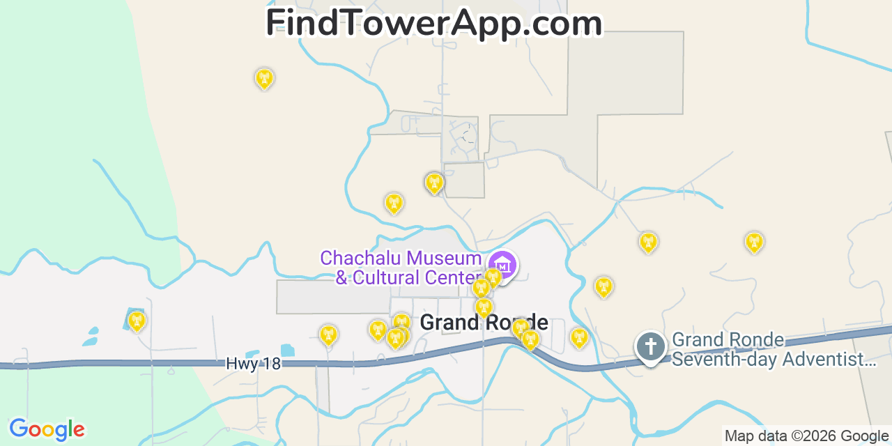 Map showing the 20 primary cell tower locations detected in Grand Ronde, Oregon from AT&T, Verizon, and T-Mobile networks
