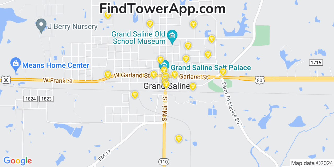AT&T 4G/5G cell tower coverage map Grand Saline, Texas