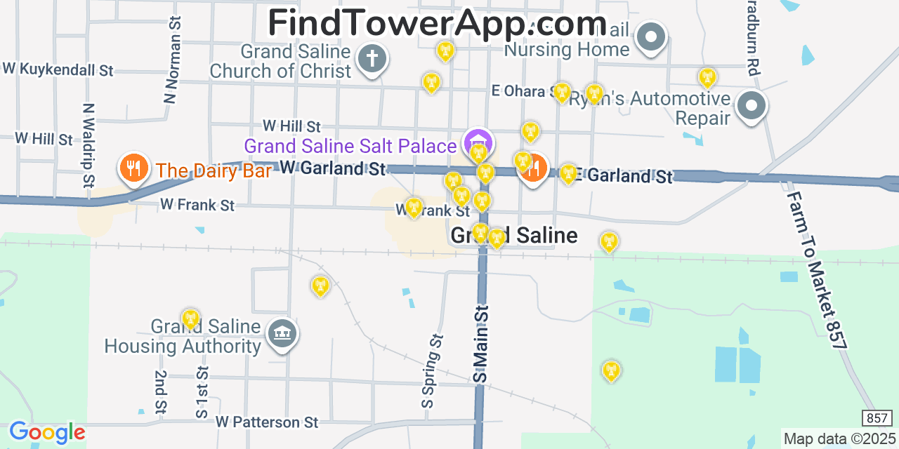 Map showing the 20 primary cell tower locations detected in Grand Saline, Texas from AT&T, Verizon, and T-Mobile networks