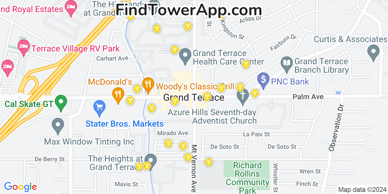 AT&T 4G/5G cell tower coverage map Grand Terrace, California