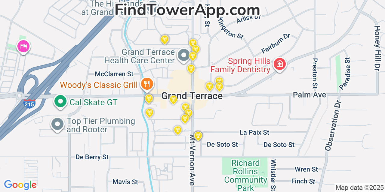 Map showing the 20 primary cell tower locations detected in Grand Terrace, California from AT&T, Verizon, and T-Mobile networks