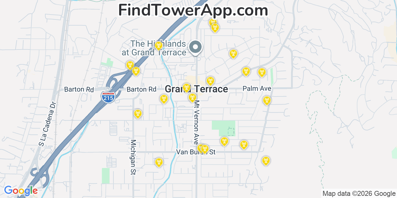 Map showing the 20 primary cell tower locations detected in Grand Terrace, California from AT&T, Verizon, and T-Mobile networks