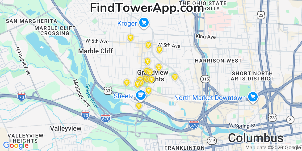 Map showing the 20 primary cell tower locations detected in Grandview Heights, Ohio from AT&T, Verizon, and T-Mobile networks