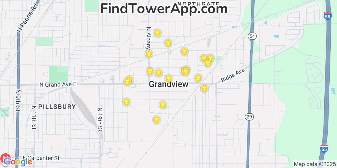 Map showing the 20 primary cell tower locations detected in Grandview, Illinois from AT&T, Verizon, and T-Mobile networks