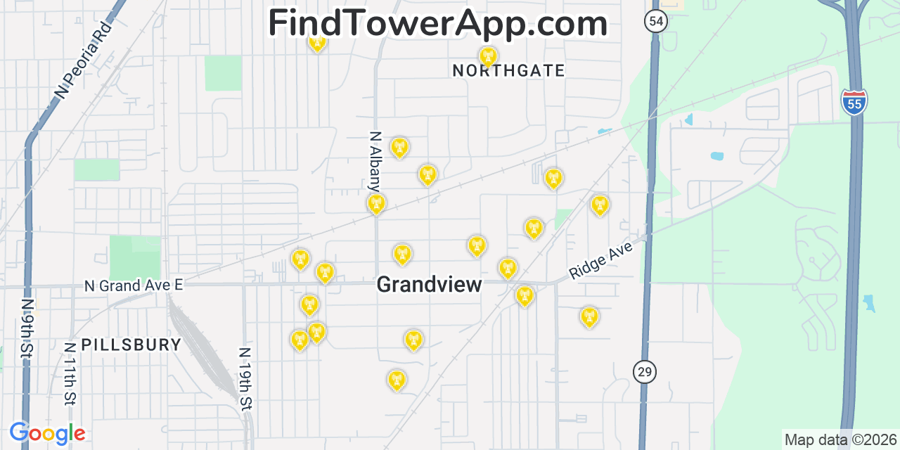 Map showing the 20 primary cell tower locations detected in Grandview, Illinois from AT&T, Verizon, and T-Mobile networks