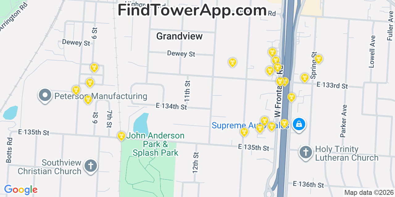 Map showing the 20 primary cell tower locations detected in Grandview, Missouri from AT&T, Verizon, and T-Mobile networks