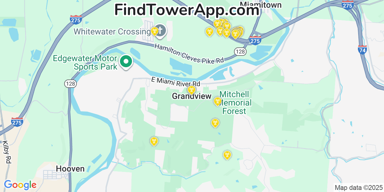 Map showing the 20 primary cell tower locations detected in Grandview, Ohio from AT&T, Verizon, and T-Mobile networks