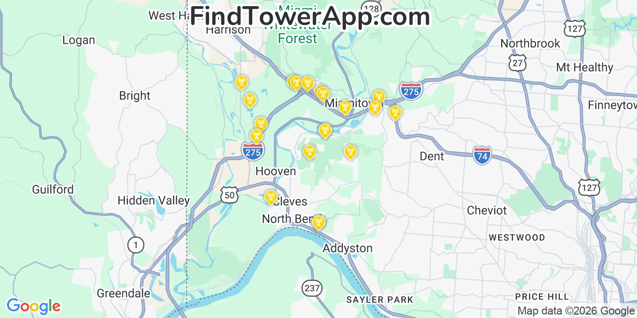 Map showing the 20 primary cell tower locations detected in Grandview, Ohio from AT&T, Verizon, and T-Mobile networks