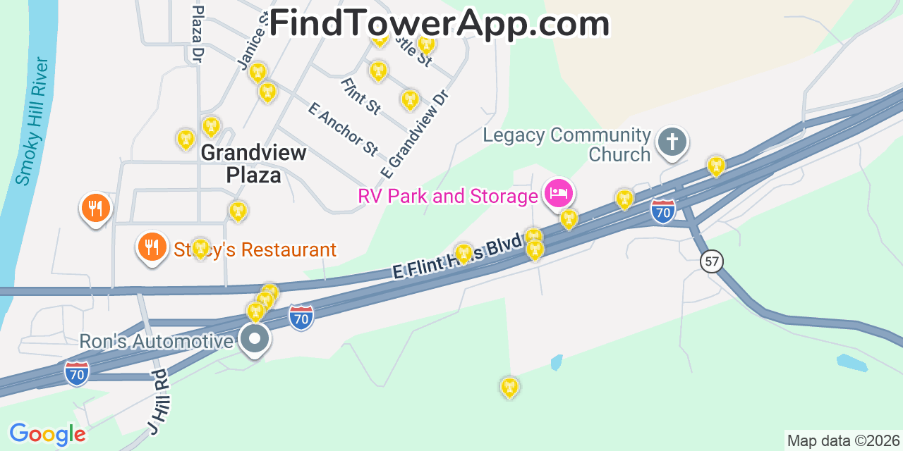 Map showing the 20 primary cell tower locations detected in Grandview Plaza, Kansas from AT&T, Verizon, and T-Mobile networks