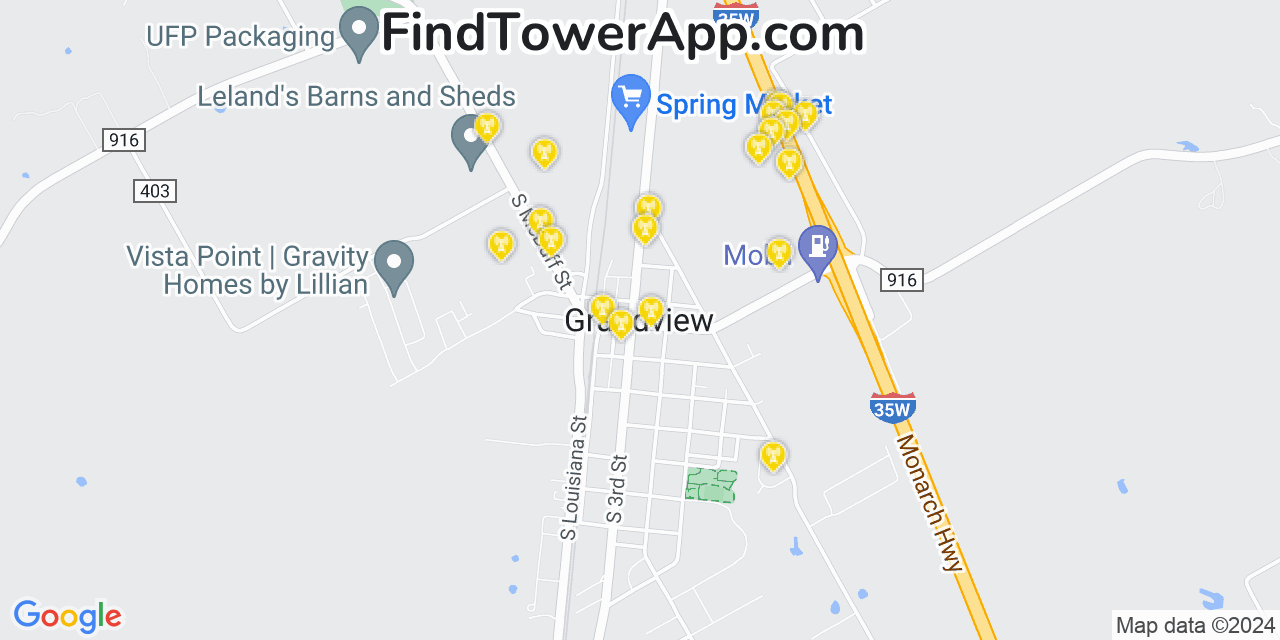 AT&T 4G/5G cell tower coverage map Grandview, Texas