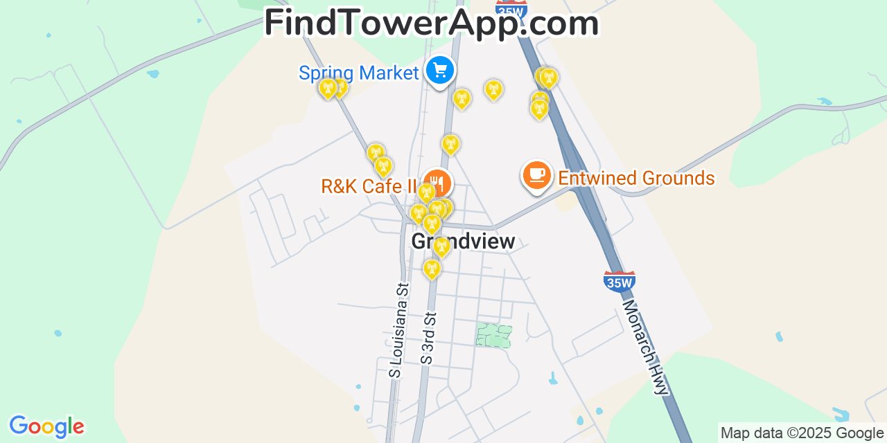 Map showing the 20 primary cell tower locations detected in Grandview, Texas from AT&T, Verizon, and T-Mobile networks