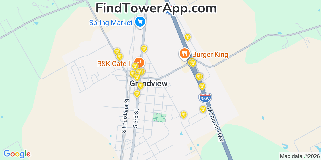 Map showing the 20 primary cell tower locations detected in Grandview, Texas from AT&T, Verizon, and T-Mobile networks