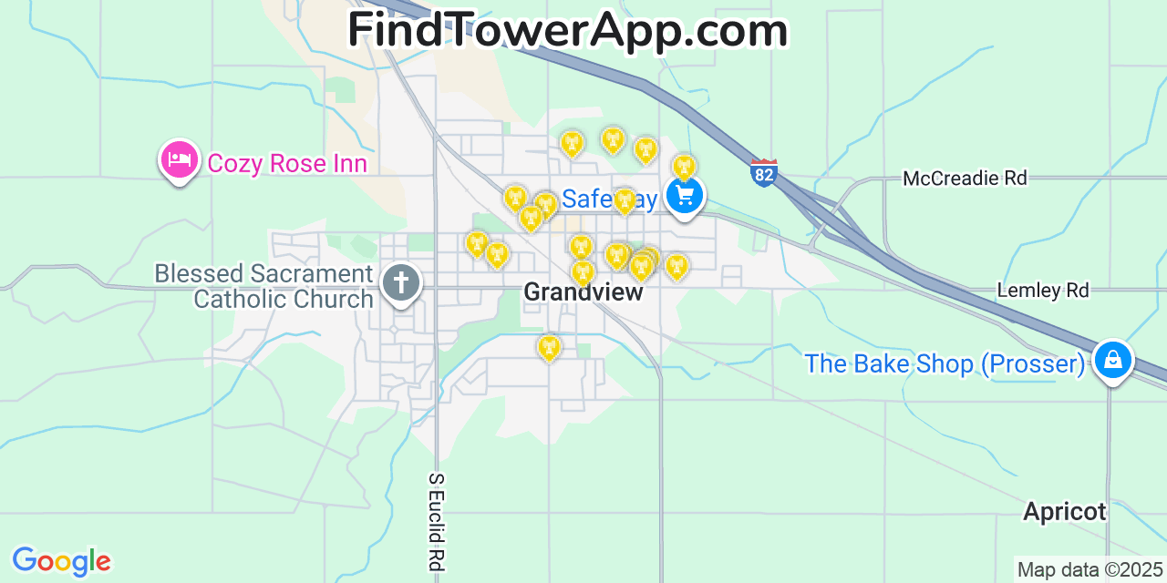 Map showing the 20 primary cell tower locations detected in Grandview, Washington from AT&T, Verizon, and T-Mobile networks