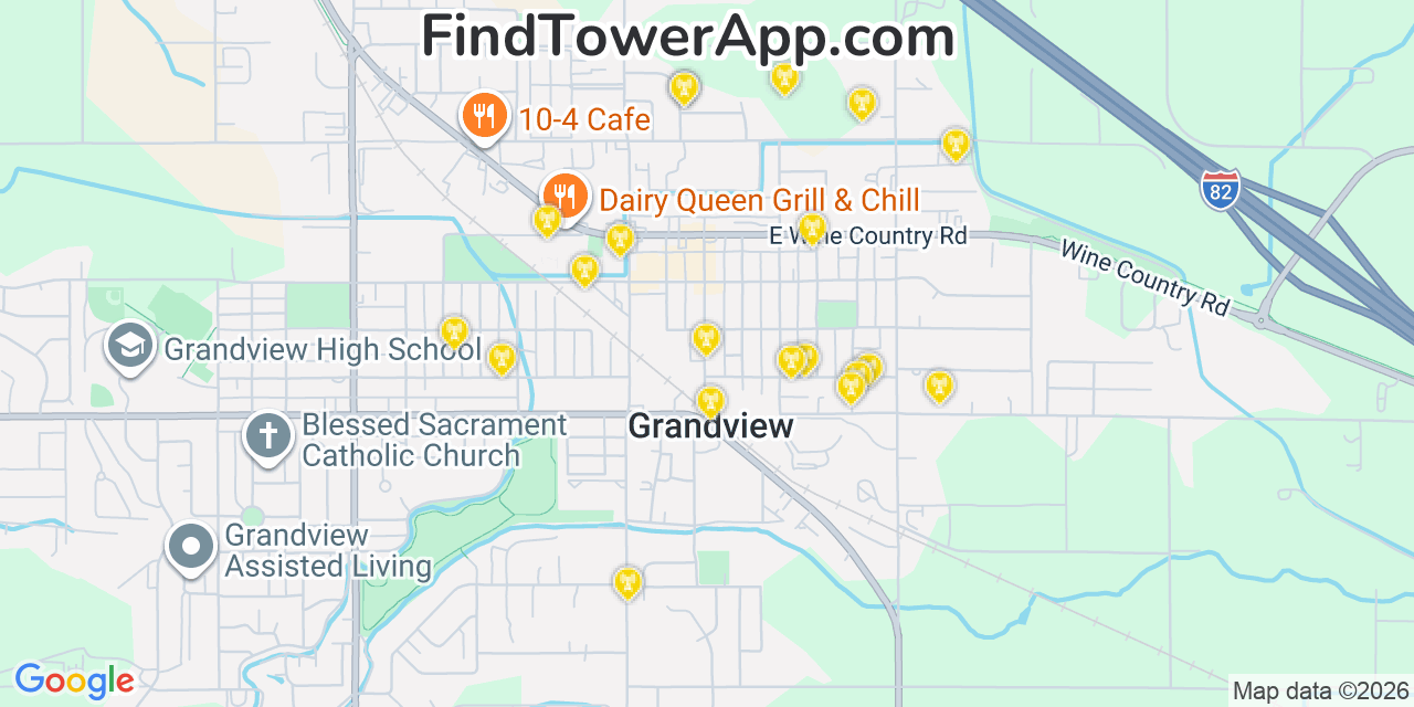 Map showing the 20 primary cell tower locations detected in Grandview, Washington from AT&T, Verizon, and T-Mobile networks