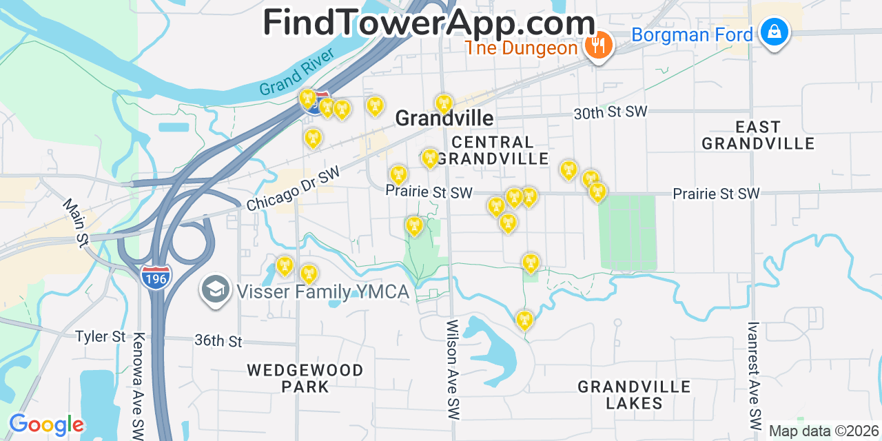 Map showing the 20 primary cell tower locations detected in Grandville, Michigan from AT&T, Verizon, and T-Mobile networks