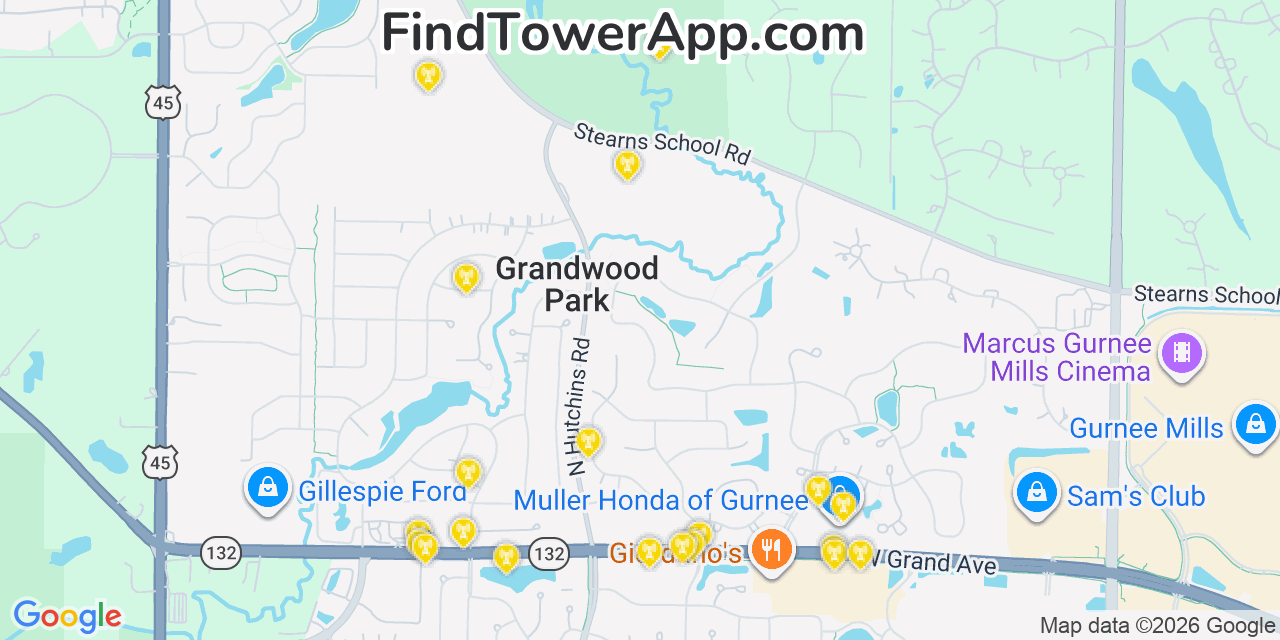 Map showing the 20 primary cell tower locations detected in Grandwood Park, Illinois from AT&T, Verizon, and T-Mobile networks