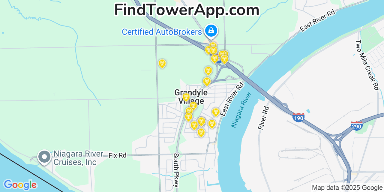 Map showing the 20 primary cell tower locations detected in Grandyle Village, New York from AT&T, Verizon, and T-Mobile networks