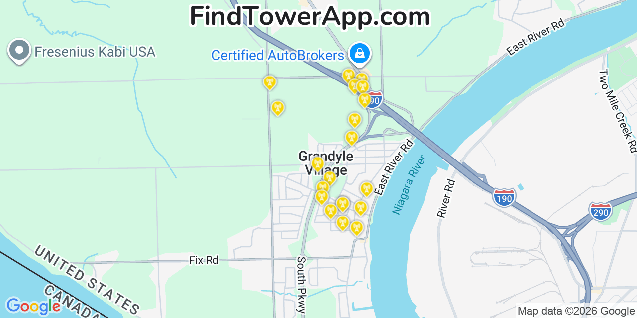 Map showing the 20 primary cell tower locations detected in Grandyle Village, New York from AT&T, Verizon, and T-Mobile networks