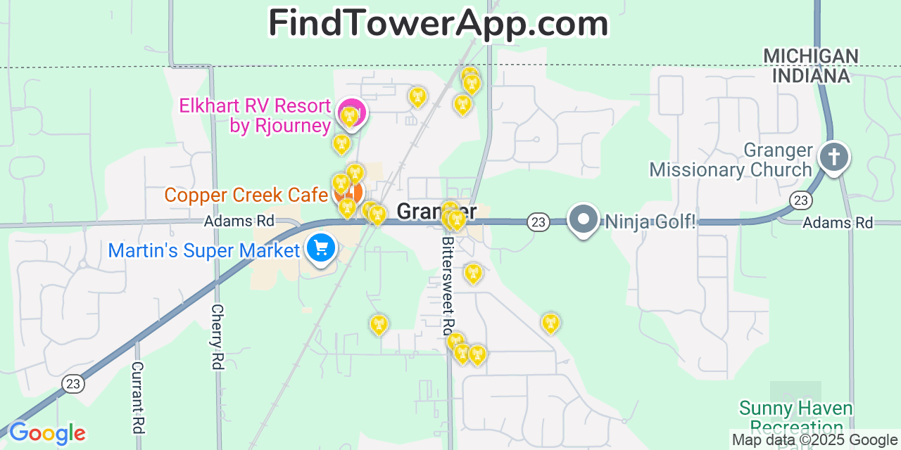 Map showing the 20 primary cell tower locations detected in Granger, Indiana from AT&T, Verizon, and T-Mobile networks