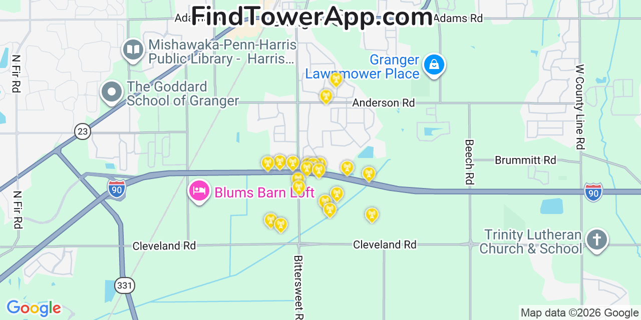 Map showing the 20 primary cell tower locations detected in Granger, Indiana from AT&T, Verizon, and T-Mobile networks