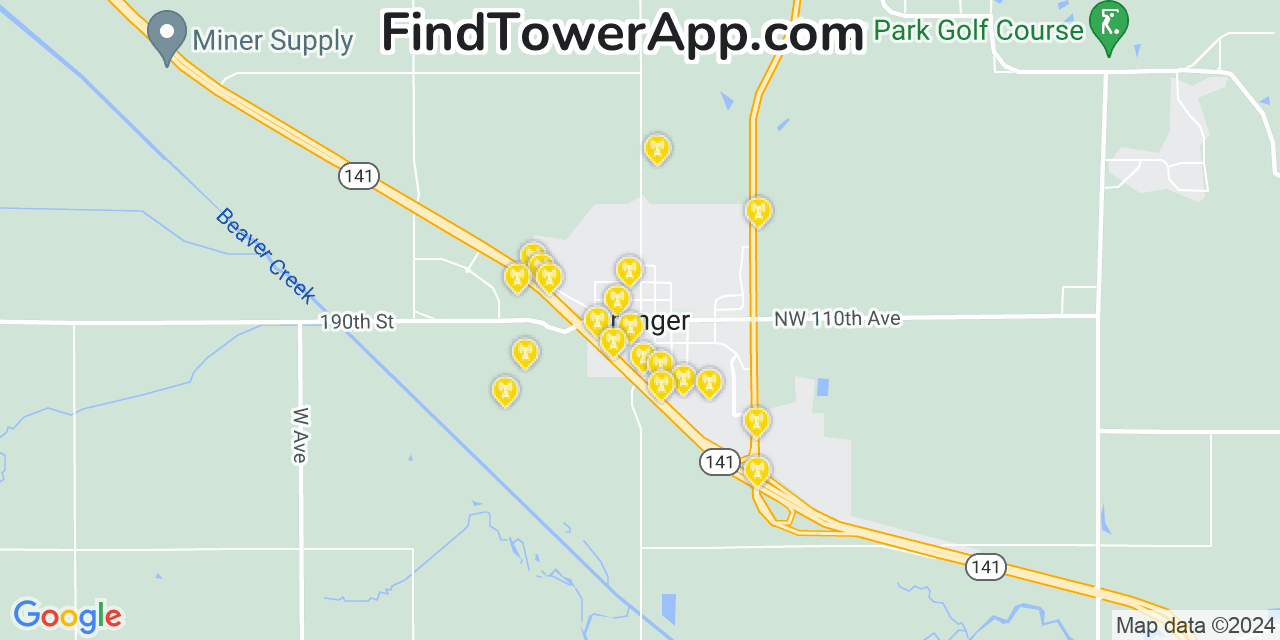 AT&T 4G/5G cell tower coverage map Granger, Iowa