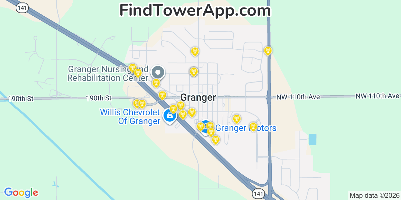 Map showing the 20 primary cell tower locations detected in Granger, Iowa from AT&T, Verizon, and T-Mobile networks