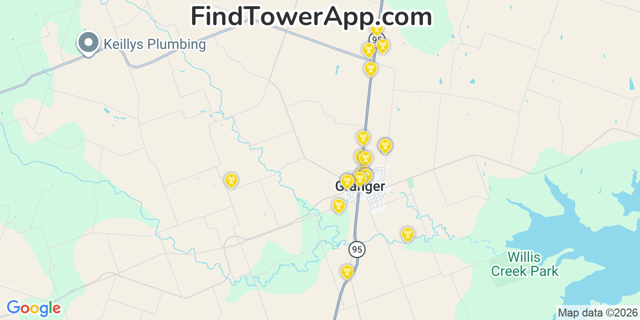 Map showing the 20 primary cell tower locations detected in Granger, Texas from AT&T, Verizon, and T-Mobile networks