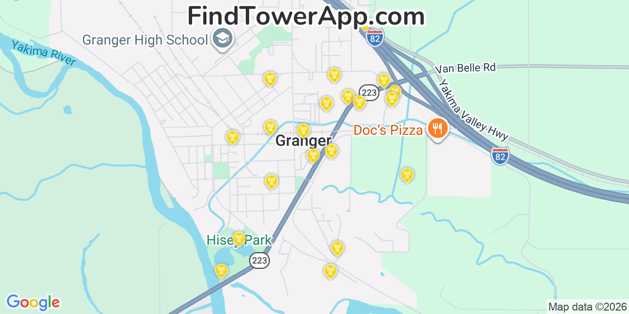Map showing the 20 primary cell tower locations detected in Granger, Washington from AT&T, Verizon, and T-Mobile networks