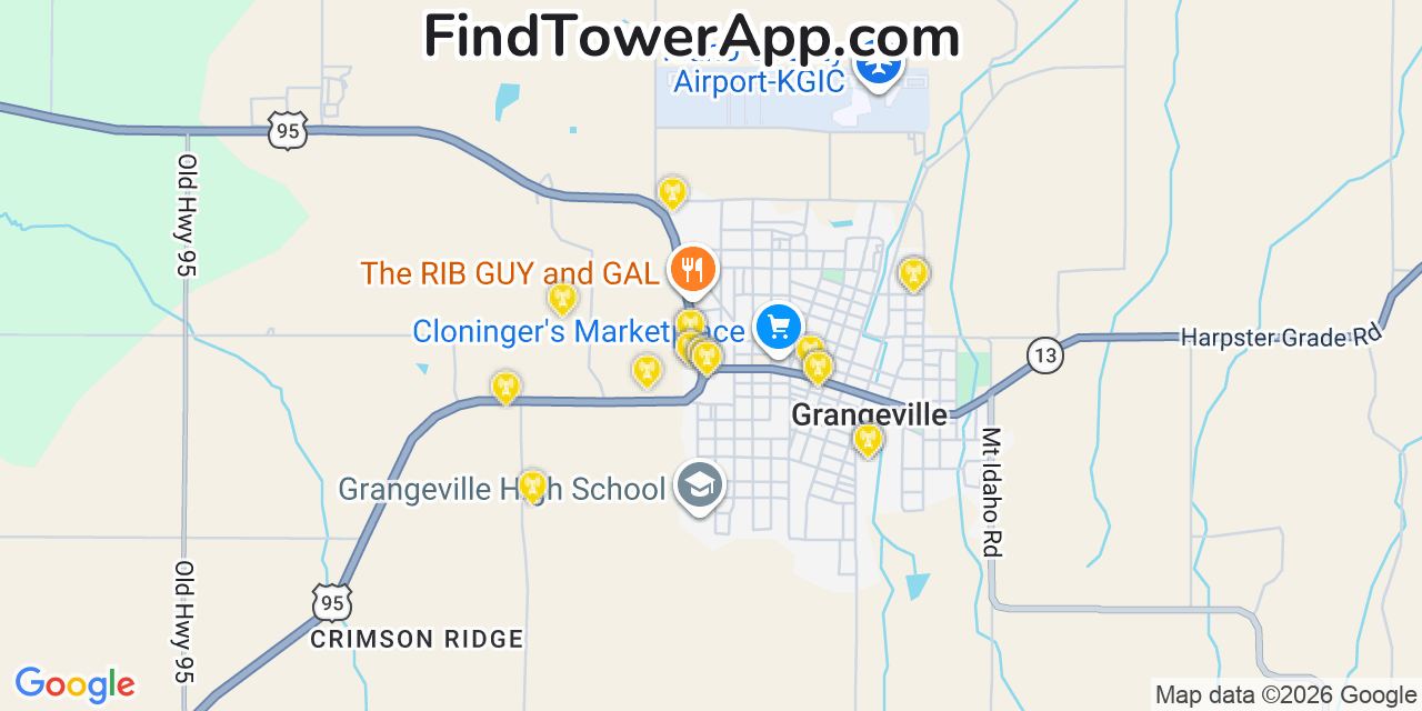 Map showing the 20 primary cell tower locations detected in Grangeville, Idaho from AT&T, Verizon, and T-Mobile networks