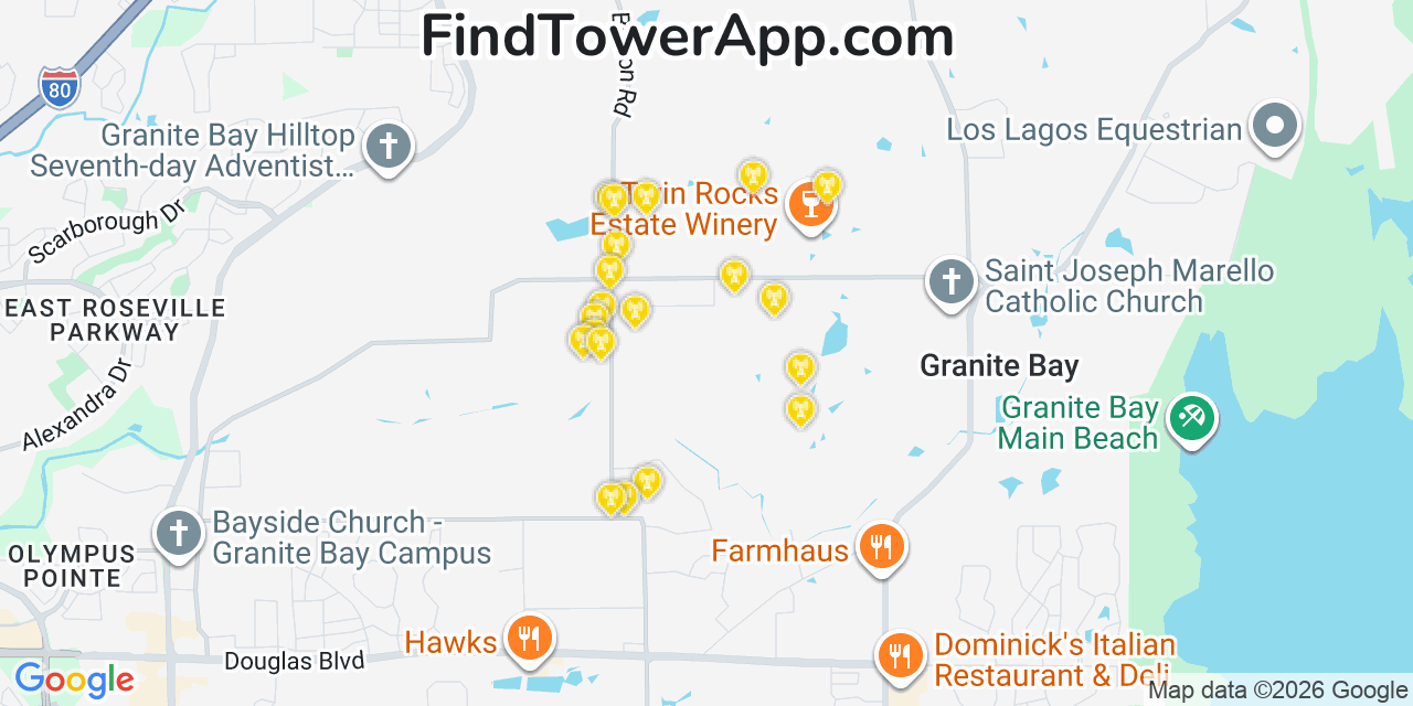 Map showing the 20 primary cell tower locations detected in Granite Bay, California from AT&T, Verizon, and T-Mobile networks