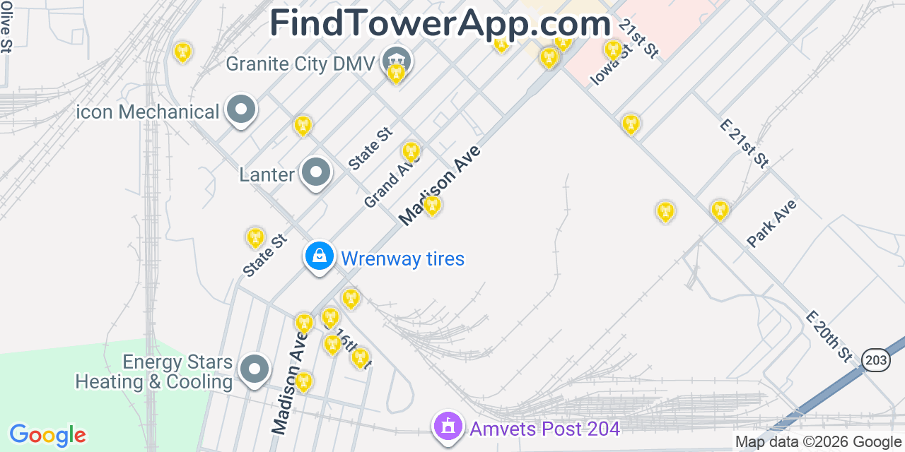 Map showing the 20 primary cell tower locations detected in Granite City, Illinois from AT&T, Verizon, and T-Mobile networks